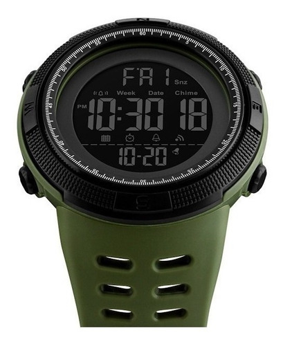 Reloj pulsera Skmei 1251 de cuerpo color negro, digital, para hombre, fondo negro, con correa de poliuretano color verde musgo, dial gris, minutero/segundero blanco, bisel color negro, luz verde y hebilla doble
