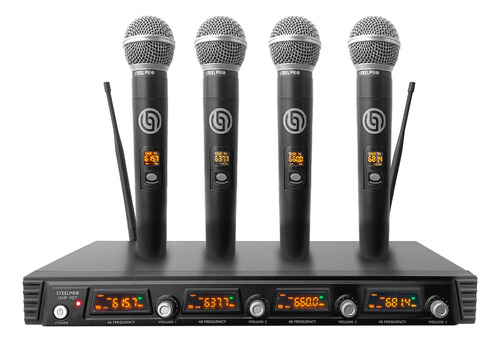 Set Profesional 4 Micrófonos Inalámbricos Uhf 70m Steelpro Color Negro