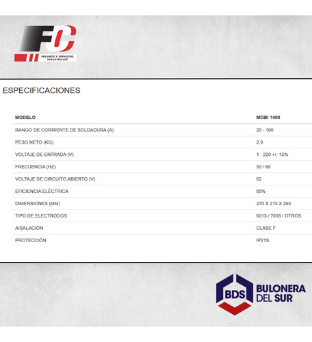 Soldadora Inverter Mma Ferrolan Mobi 1400 Careta Accesorios