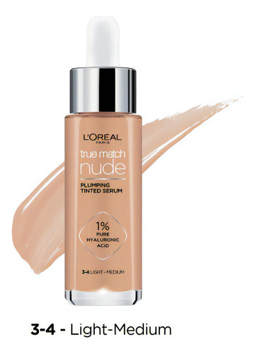 Base de maquillaje líquida L'Oréal Paris True Match Nude Plumping Tinted Serum Base Sérum L'Oréal Con Color True Match Con Ácido Hialurónico 30ml tono 3-4 light-medium - 30mL