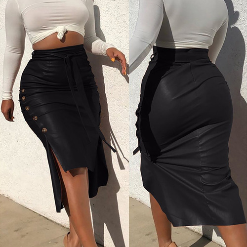 Falda De Cintura Media Delgada Con Aberturas A La Moda Para