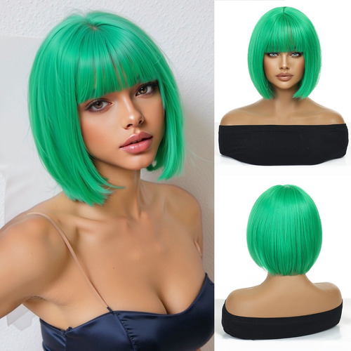 Peluca Corta De Cosplay Verde Natural Para Mujer