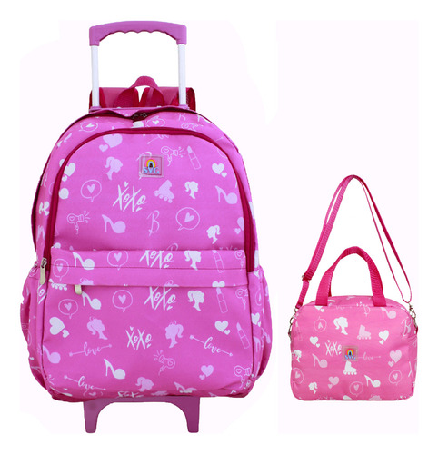 Mochila Escolar Resistente Espaçosa Svg  Lancheira Térmica Cor Rosa 2 hastes Desenho do tecido Boneca