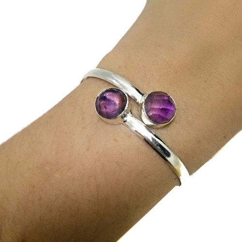 Pulseira Bracelete Indiano Ametista Natural Banhado A Prata