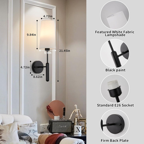 Juego De 2 Apliques De Pared Negros Recargables Con Control