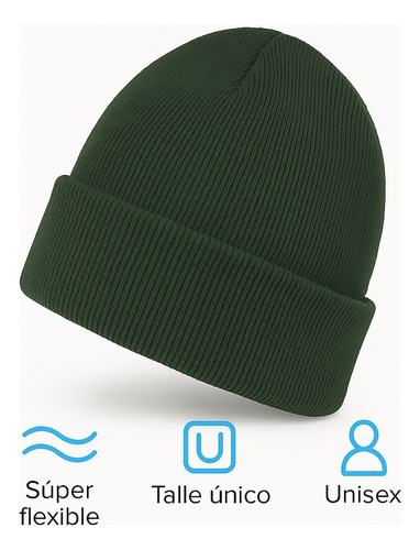 Gorro De Lana Tejido Liso Beanie Unisex Invierno Moda Import Verde Oscuro Adulto