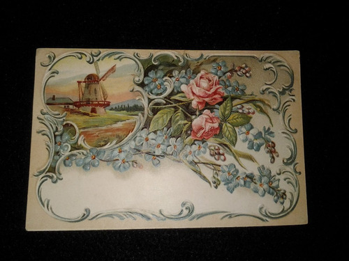 Holanda Antigo Cartão Postal Em Alto Relevo - Moinho C/ Flor