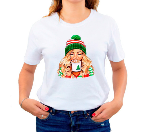 Polera Navideña 100%algodón Diseño Mujer Gorro Navidad