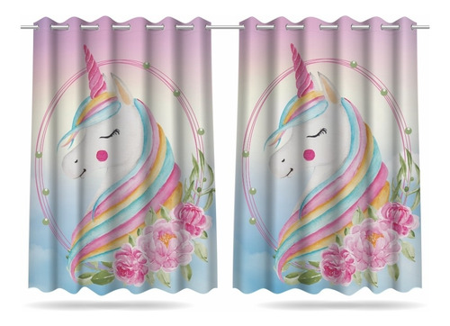 Imagem 2 de 9 de Cortina Infantil Quarto Unicórnio Mod 2 + 3 Capas Almofada