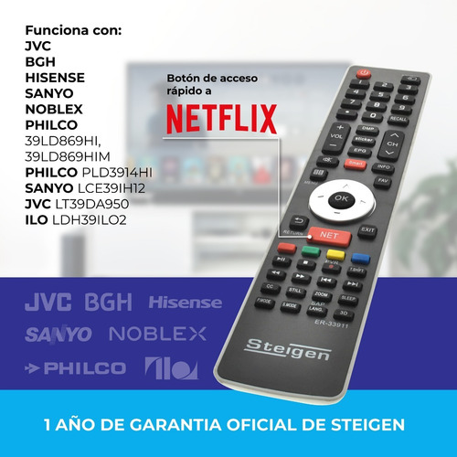 Imagen 2 de 5 de Control Remoto Er-33911 Smart Tv Noblex Philco Jvc Netflix