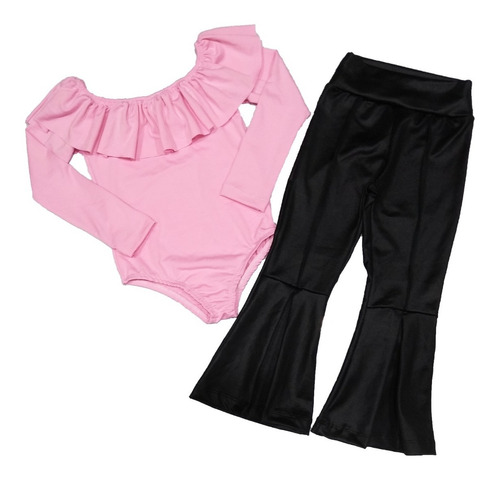 Conjunto Menina Body M.longa+calça Flare Couro Fake 2 Ao 10