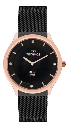 Relógio Technos Feminino Slim Gl20hi/4p Preto Analogico Cor Do Bisel Rosé Cor Do Fundo Madrepérola