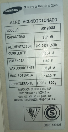 Aire Acondicionado Samsung 3000 Frigorías Frío Solo.