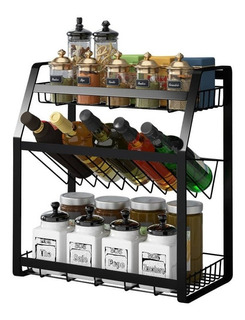 Estanterías metálicas para especias con tres estantes Práctico organizador de especias de color negro Metal Dnkelar Especiero de cocina 