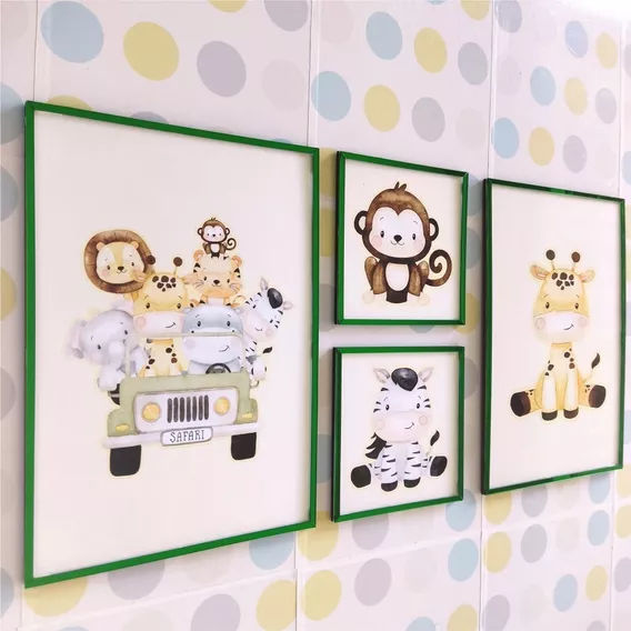 Kit 4 Quadros Decorativo Infantil Safari Baby Quarto De Bebê