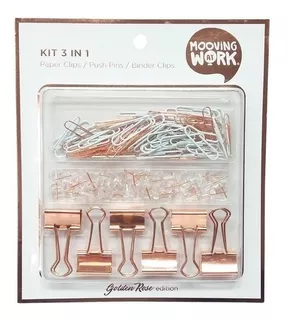 Kit Escritorio Mooving Golden Rose Clips Push Pins & Broches