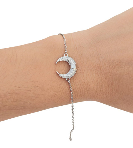 Pulsera De Plata 925 Rodinada Luna Con Cubic 16+3 Cm