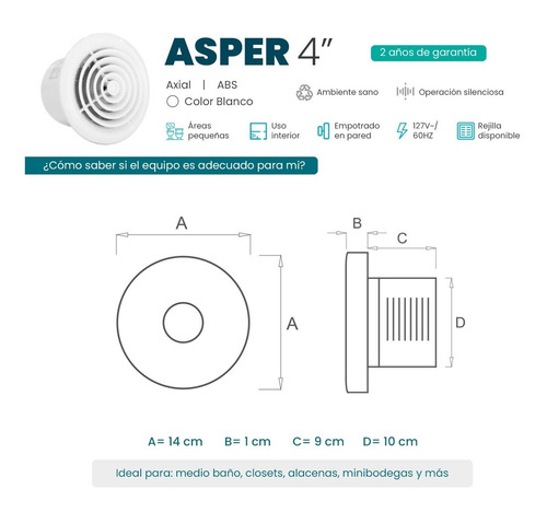 Imagen 3 de 4 de Extractor De Aire Asper 4 Pulgadas Blanco Masterfan