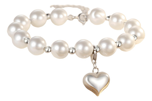 Pulsera Perlas Corazón Plata Ley Esterlina Mujer Regalo