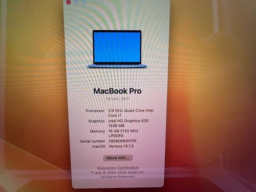 Macbook Retina 15 Touch Bar 2017 Intel I7 16gb 256ssd Pro555 (Reacondicionado)