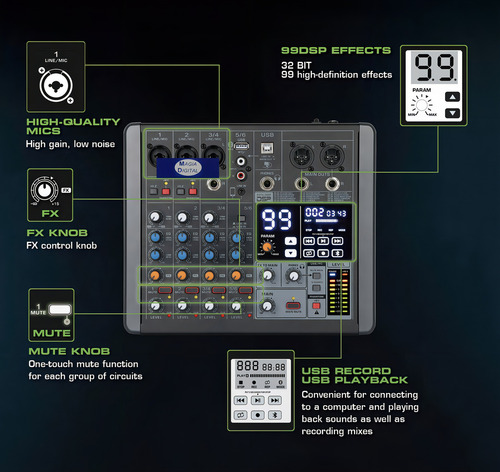 Mezcladora 6 Canales Harden Kmx-6bs 99dsp Bluetooth Usb