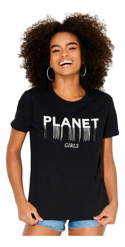 Blusa Feminina Lisa Logo Planet Girls Brilho Preto Camiseta 