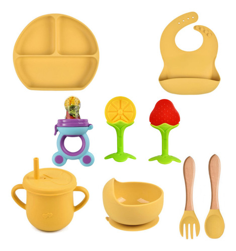 Set De Babero Y Cubiertos De Silicona Para Bebés De 9 Piezas