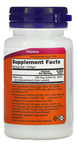 Vitamina D3 5000iu Alta Potencia Now 120 Softgels Sabor N/a