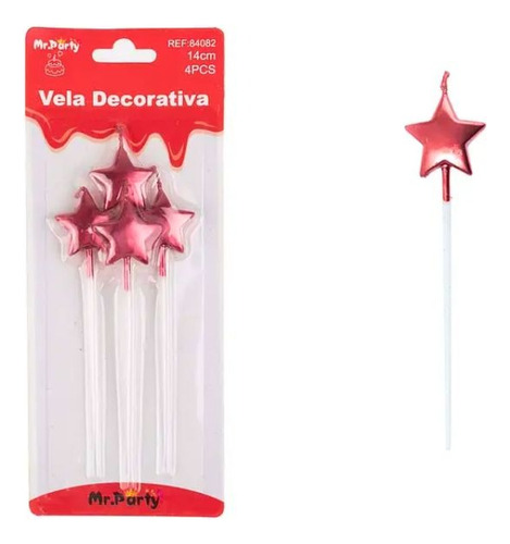 Set 4 Velas Para Torta Pastel Estrellas Rojo Rojas Brillante