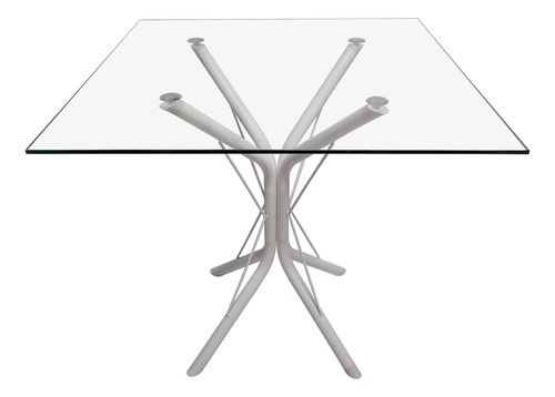 Mesa Jantar 90cm Quadrada Vidro Temperado Base Ana Metal Np Cor da tampa Transparente Cor dos pés Branco