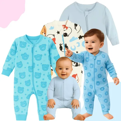 Kit 3 Macacão Bebê Liso Estampado Zíper Menino Menina Invern