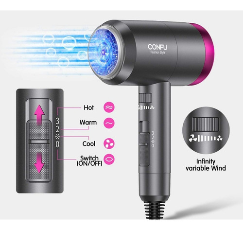 Secador De Pelo Iónico, 1600 W, Portátil, Ligero, 3 Ajustes