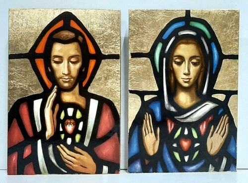 Cuadro Sagrado Corazón De Jesús Y María - Dorado - 15x22 Cm
