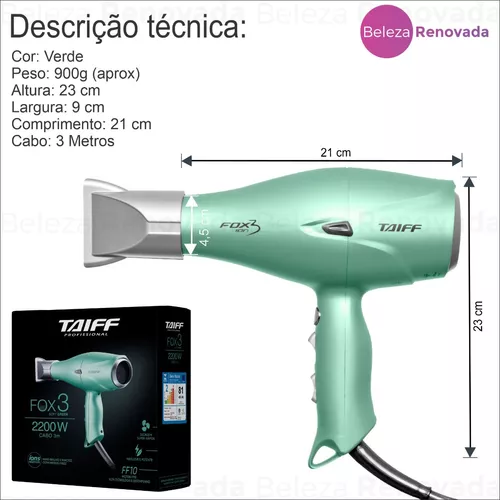 Secador Cabelo Taiff Fox Green Profissional 2200w - 220v