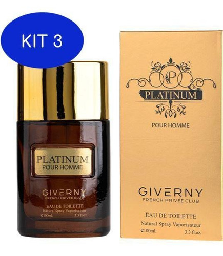 Kit 3 Perfume Giverny Platinum Fragrância Masculina 100 Ml