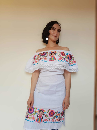 Vestido Mexicano Huipil Bordado A Mano Manta Catrina | Envío gratis