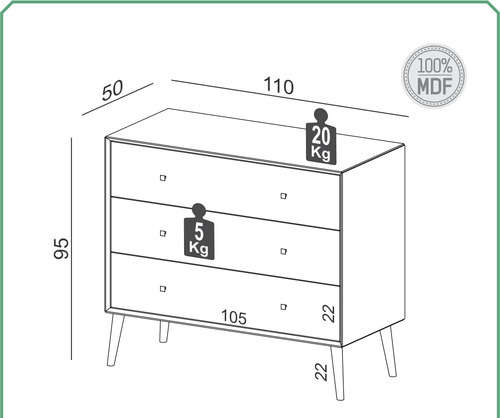 Comoda Retro Manila 110cm 3 Cajones 100% Mdf - Balton Hogar