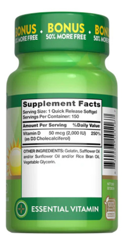 Nature's Truth Vitamina D3 2000 Ui (50 Mcg), 150 Cápsulas