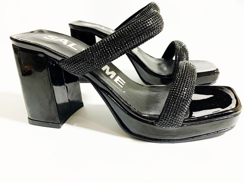 Imagen 3 de 6 de Sandalias Con Taco Medio Fiesta Charol Y Strass