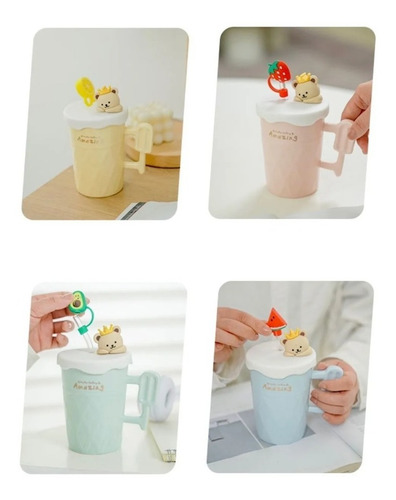 Imagen 4 de 10 de Taza De Cerámica + Sorbete De Vidrio Diseño Oso 450ml