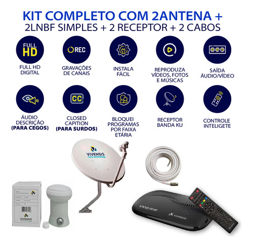 Kit Completo Vivensis Antena Cabo Lnbf 80 Canais 2 Unidades