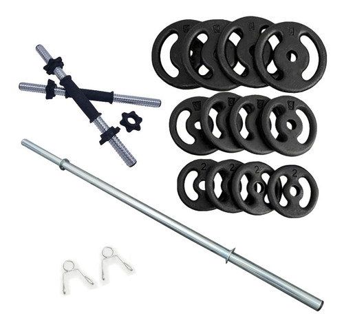 Kit 40kg Anilhas + 2 Barras 40cm + 1 Barra 120cm Fitness