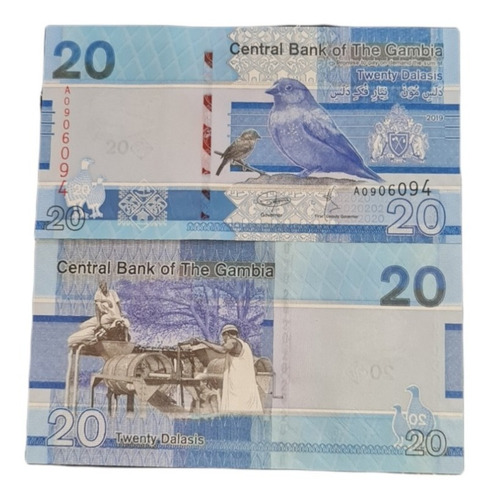 Billetes Mundiale : Gambia 20 Dalasis Año 2019 Aves 