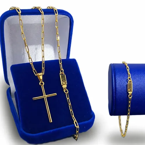 Corrente Cordão Masculino Banhado A Ouro 18k + Pulseira E Pingente Cruz Crucifixo Correntinha Banhada Colar 60cm Fecho Gaveta Dourado Com Certificado Sosjoias Presente Dia Dos Pais Namorado Esposo — foto 1