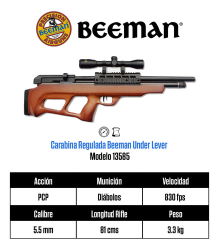 Carabina Beeman Pcp Under Lever Regulada Cal. 5.5 Con Mira