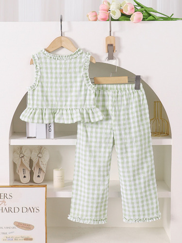 Conjunto De Blusas Sin Mangas Y Pantalones Rectos A Cuadros