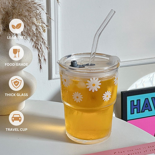 Vaso De Vidrio De 13 Oz Con Popote Y Tapa De Vidrio, Tazas P