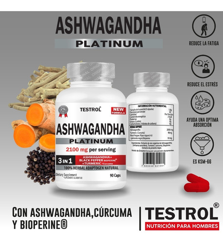 Imagen 6 de 8 de Ashwagandha Platinum 2100mg Testrol 3 In 1 90 Cápsulas