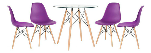 Kit Mesa Eames Wood 80 Cm Tampo Vidro 4 Cadeiras Eiffel Dsw Cor da tampa Roxo