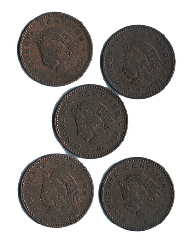 Moneda De 50 Centavos Cuahutemoc  Cobre  1956  5 Piezas